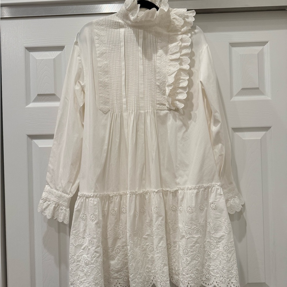 McQ by Alexander McQueen White Eyelet Lace Pintuck Ruffle Dress